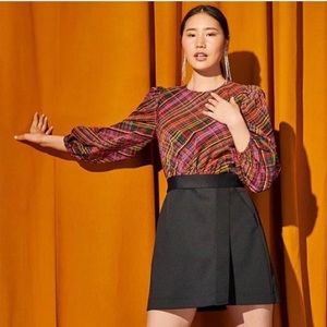 LDT plaid puff sleeve wrap front mini dress